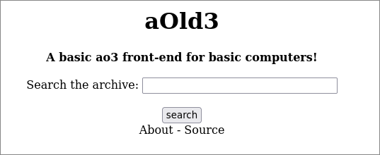 screenshot of current aOld3 progress, with just a title, a searchbox and about and source links
